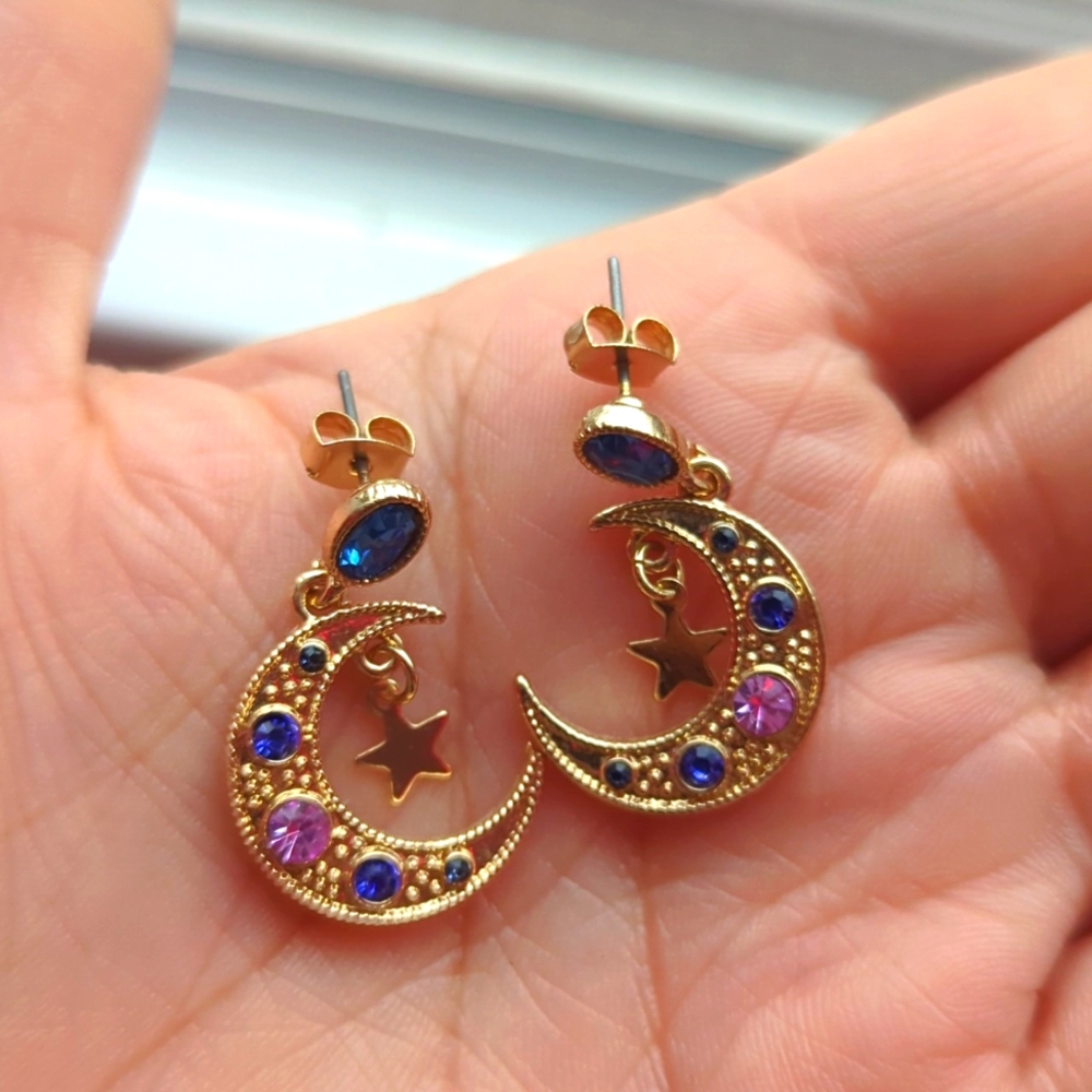 Crescent Moon Purple Rhinestone Earrings
